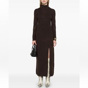 $437 BA&SH Armia Wool Sweater Slit Brown Ribbed Turtleneck Knit Maxi Dress